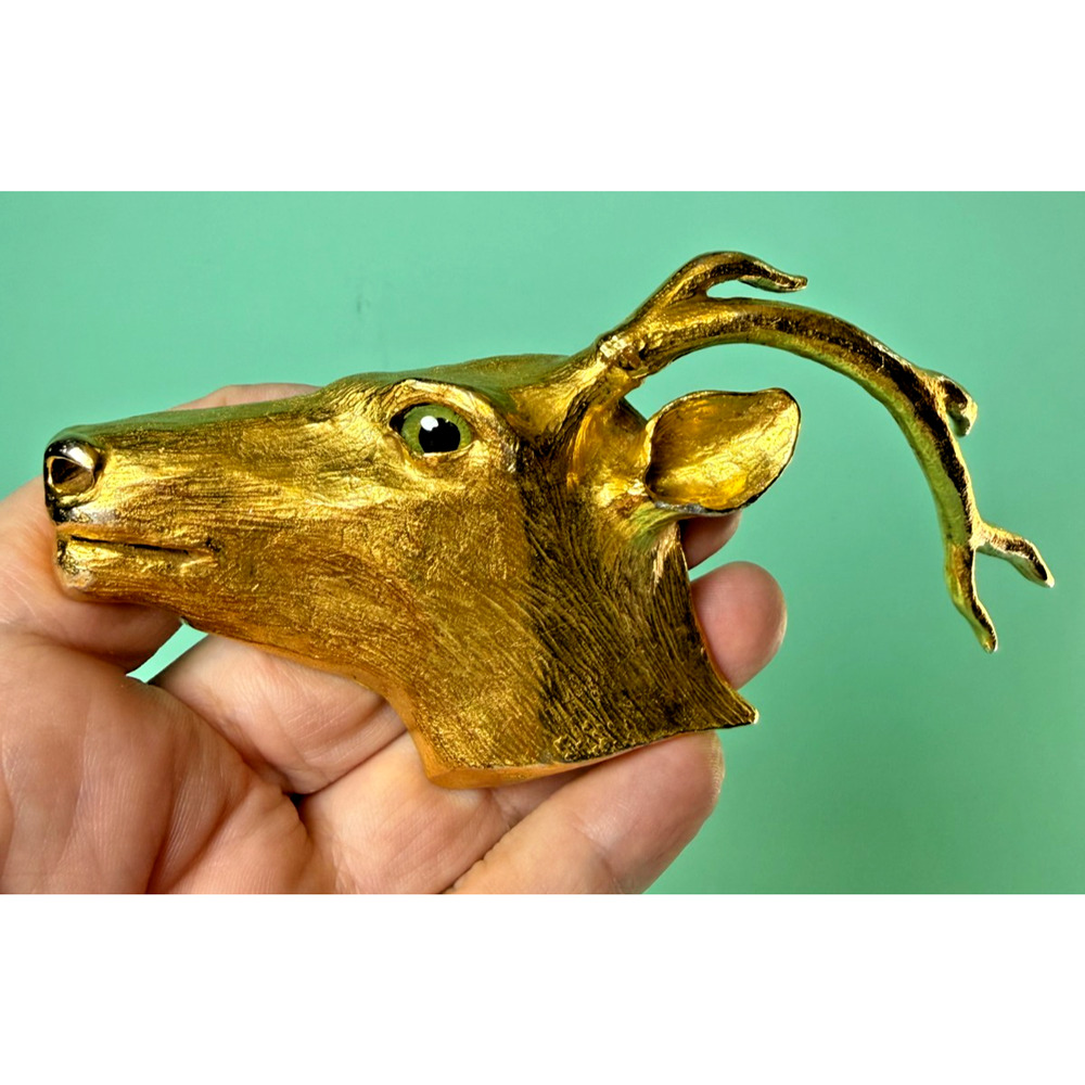 Christopher Ross Signed Belt Buckle 1976 Gold Plated Deer Head Glass Eye Vintage